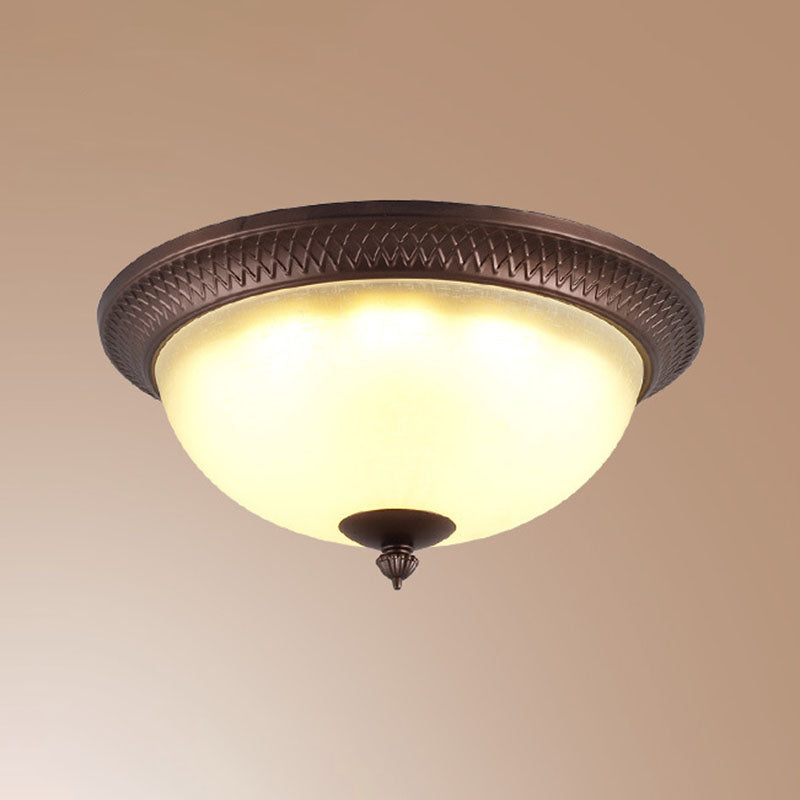 Brown Bowl Ceiling Fixture in Traditional Creative Style Wrought Iron Flush Mount with Glass Shade
