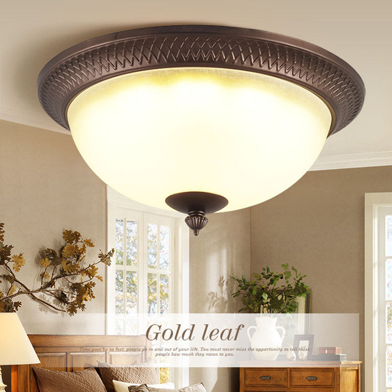 Brown Bowl Ceiling Fixture in Traditional Creative Style Wrought Iron Flush Mount with Glass Shade