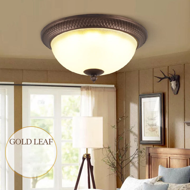 Brown Bowl Ceiling Fixture in Traditional Creative Style Wrought Iron Flush Mount with Glass Shade