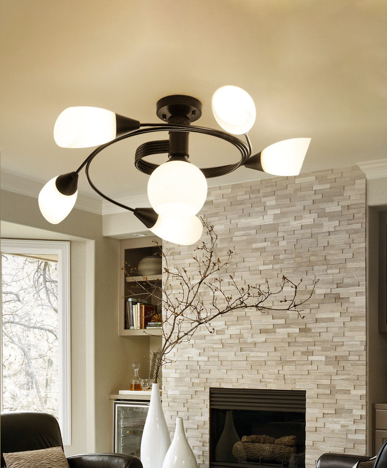 Luz de techo negro de vidrio en el estilo tradicional de hierro forjado de hierro forjado de hierro radial de interiores Semi Flush Monte