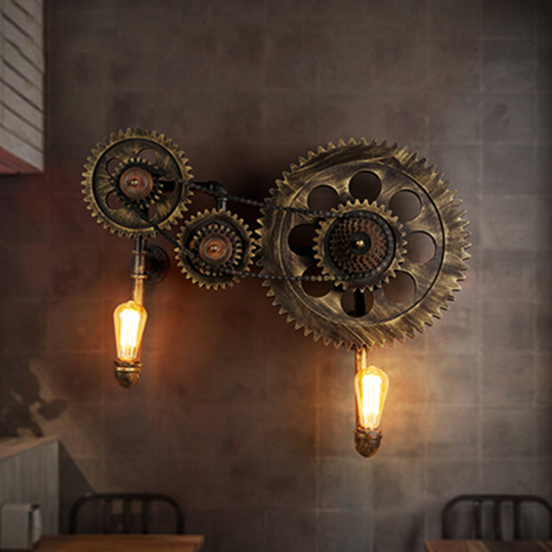 Industrial Gear Sconce Light Fixture 2 Lights Metal Wall Lamp in Antique Bronze