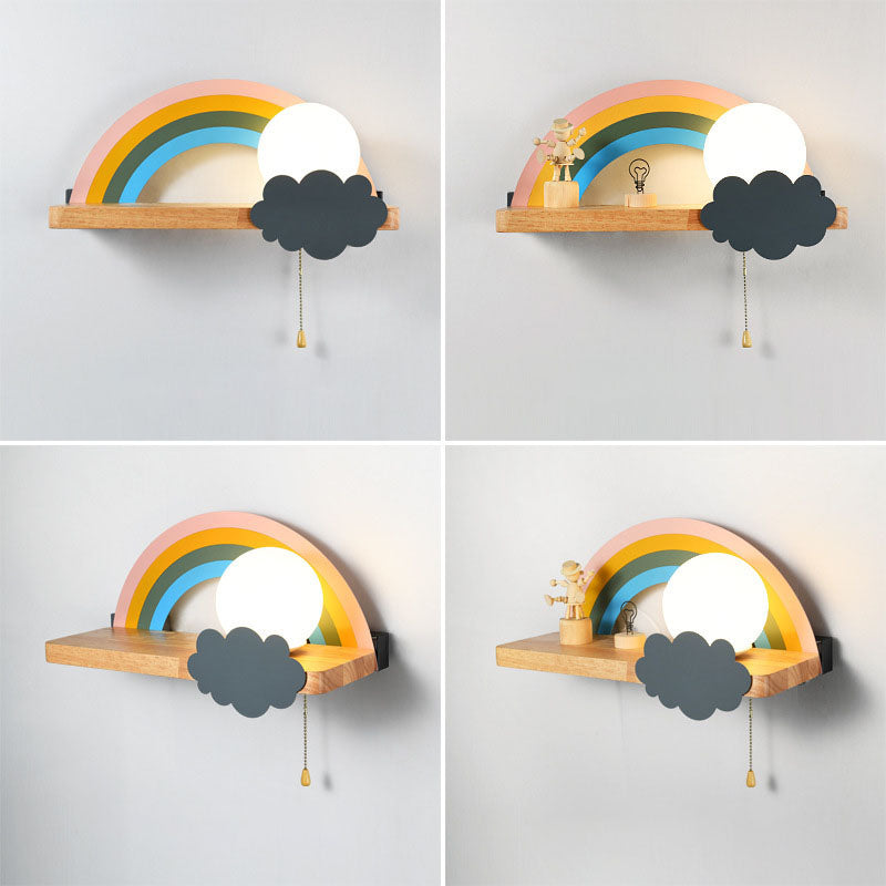 Wood Kids Wall Light Fixture Semicircle Rainbow Sconce Lamp for Children's Room