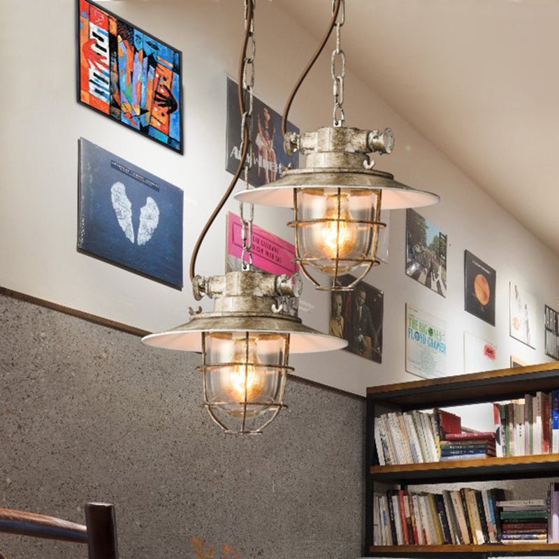 White/Blue 1 Light Pendant Lamp Industrial Metal Wide Flare Hanging Light with Cage