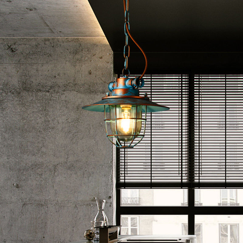 White/Blue 1 Light Pendant Lamp Industrial Metal Wide Flare Hanging Light with Cage