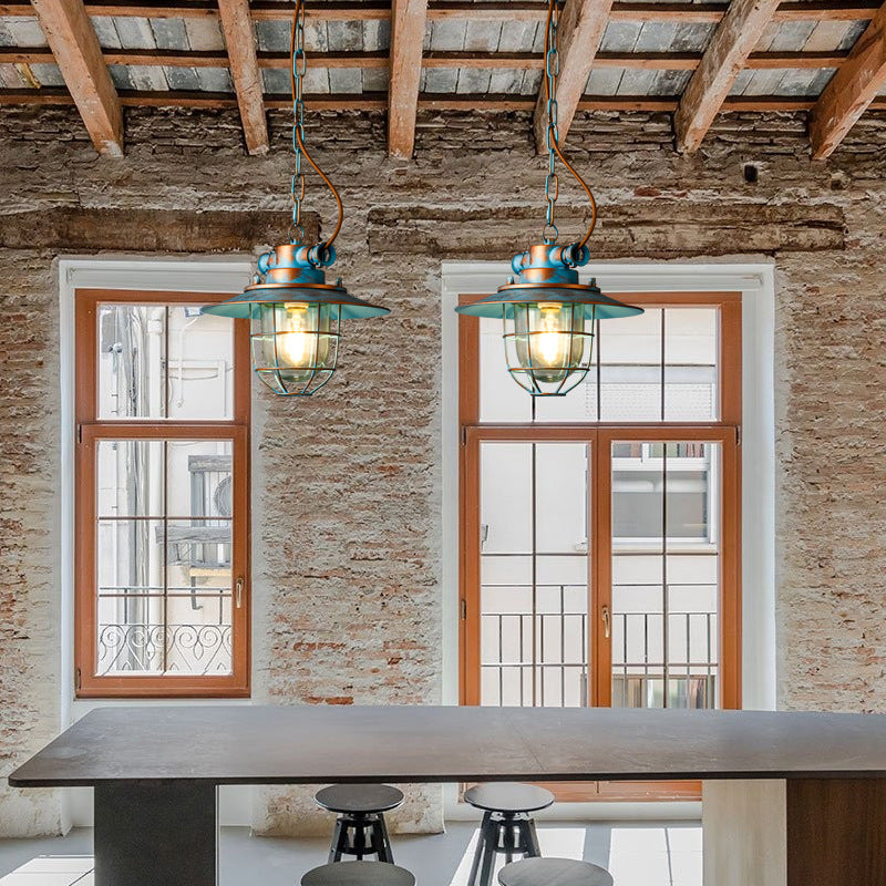 White/Blue 1 Light Pendant Lamp Industrial Metal Wide Flare Hanging Light with Cage