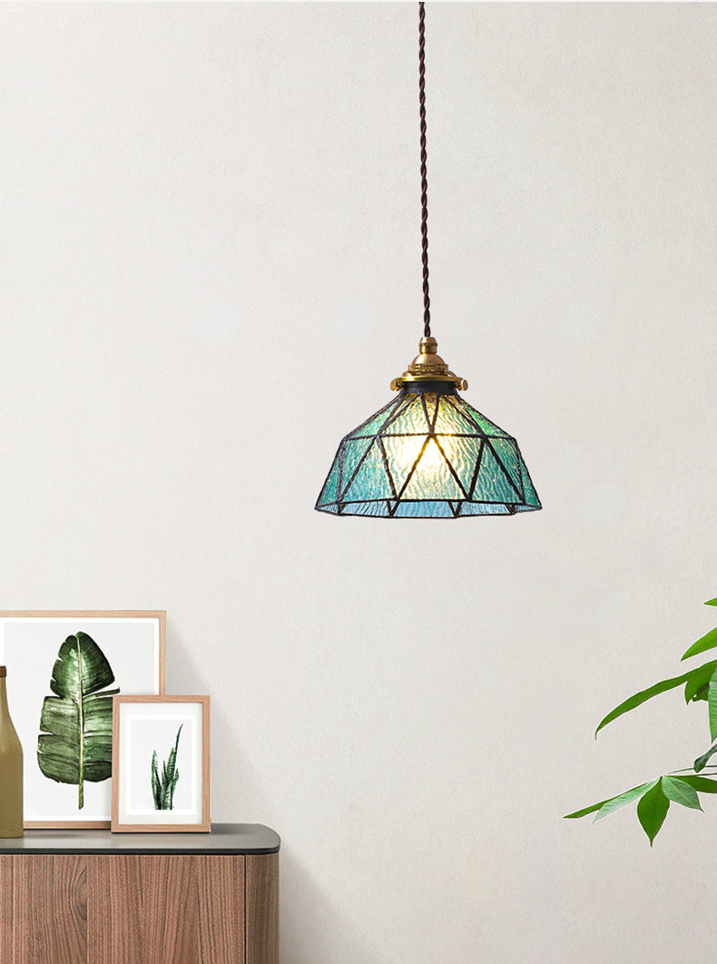 Bedroom Hanging Ceiling Light Tiffany Pendant Ceiling Light with Conical Stained Art Glass