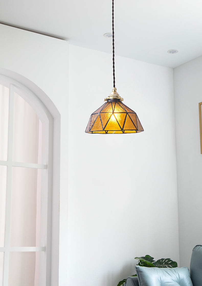 Bedroom Hanging Ceiling Light Tiffany Pendant Ceiling Light with Conical Stained Art Glass