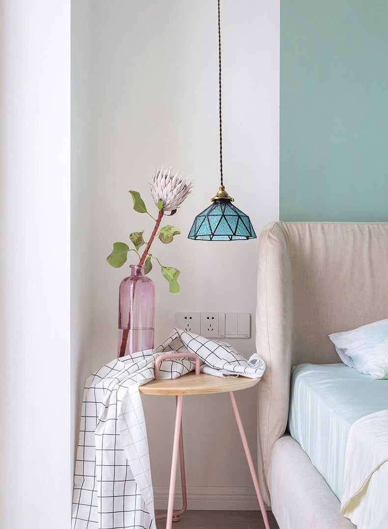 Bedroom Hanging Ceiling Light Tiffany Pendant Ceiling Light with Conical Stained Art Glass