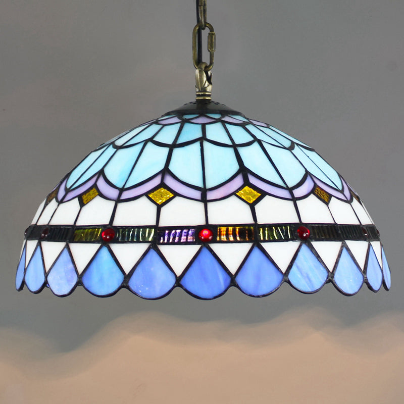 Domed Hanging Pendant Light Stained Glass Mediterranean Pendant Light Fixture in Blue
