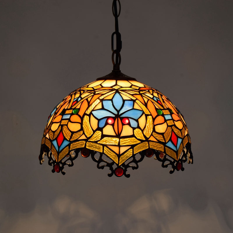 Domed Hanging Pendant Light Stained Glass Mediterranean Pendant Light Fixture in Blue