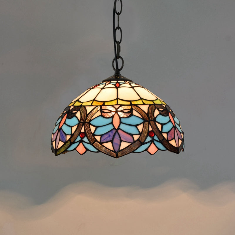 Domed Hanging Pendant Light Stained Glass Mediterranean Pendant Light Fixture in Blue