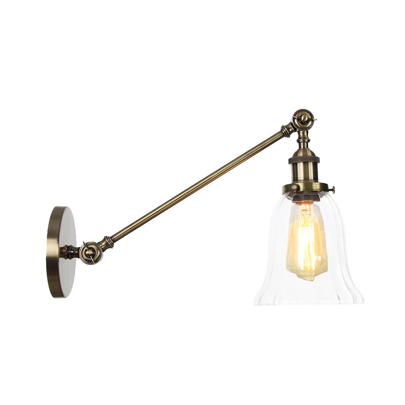 Black/Bronze/Brass 1 Light Wall Lighting Fixture Vintage Clear Glass Bell Sconce with Arm, 8"/12" Long