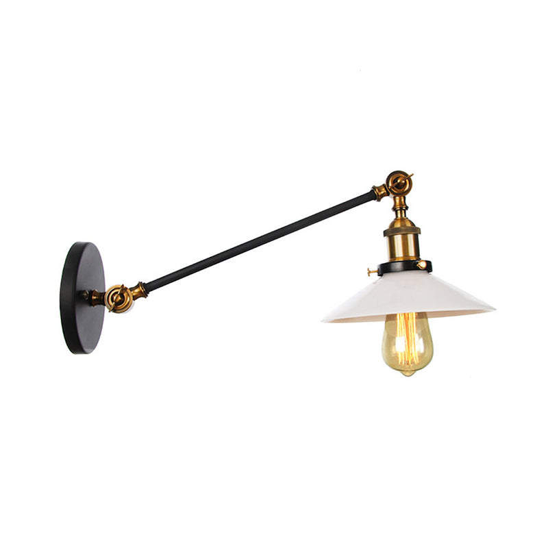 Industrial Conical Sconce Light 1 Light Opal Glass Wall Lamp in Black/Bronze/Brass with Arm, 8"/12" L