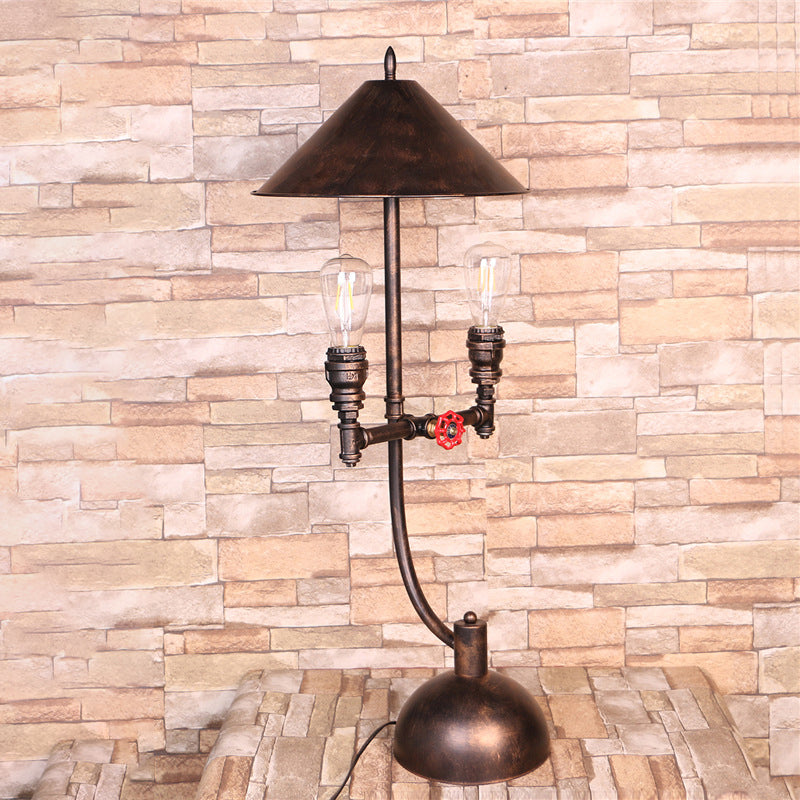 2 Lights Cone Table Light Industrial Style Antique Bronze Metal Desk Lamp with Pipe Design