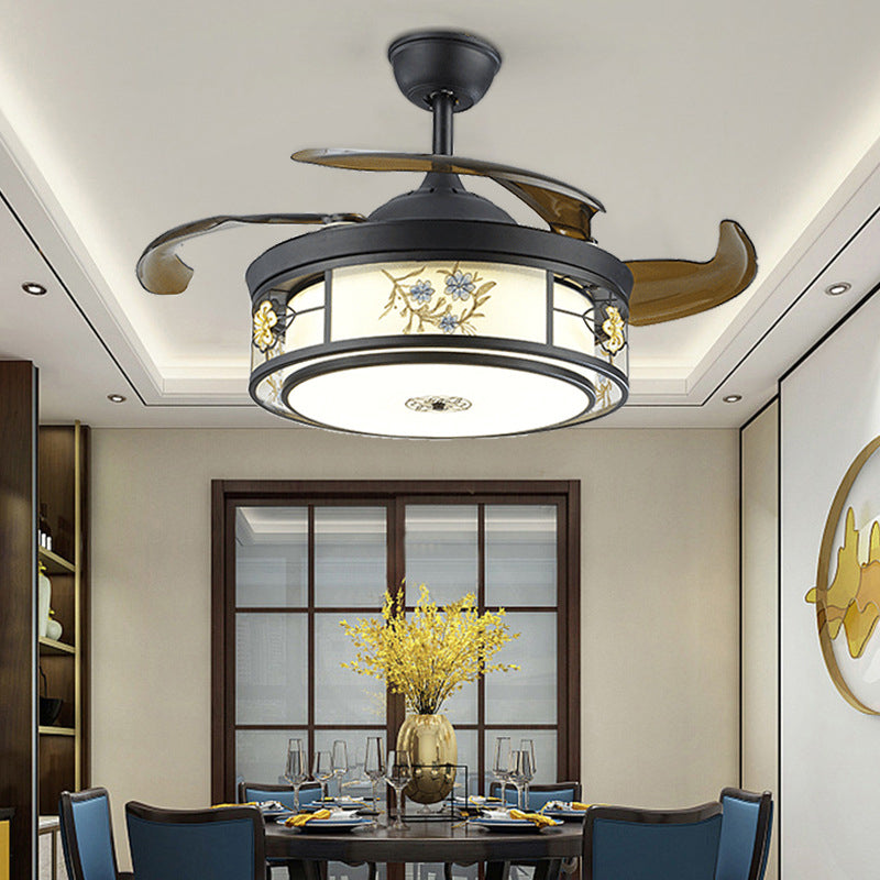 LED Ceiling Fan Light Classic Circular Metal Semi Flush Mount Lighting in Black, Remote Control/Wall Control/Frequency Conversion