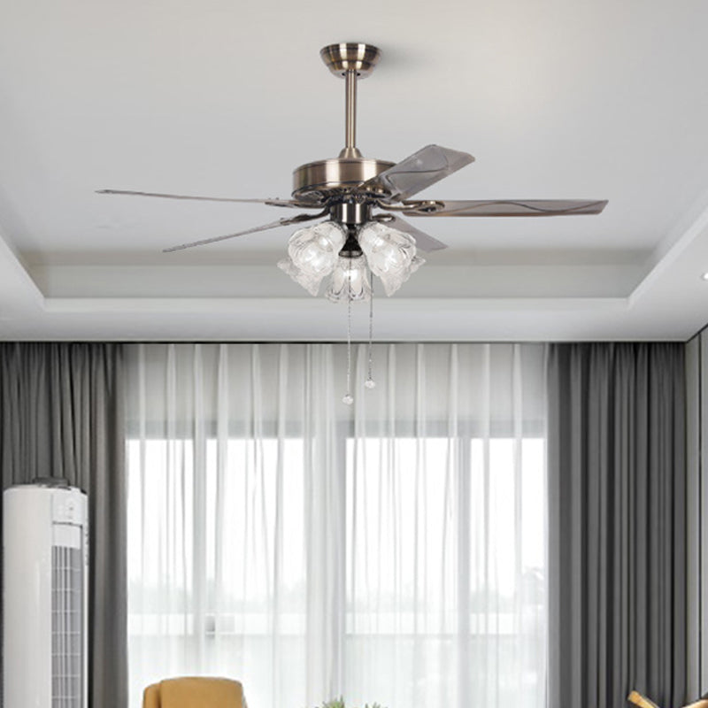 Opal Glass Silver Ceiling Fan Flower 3/5 Lights Classic Stylish Semi Flush Light for Dining Room