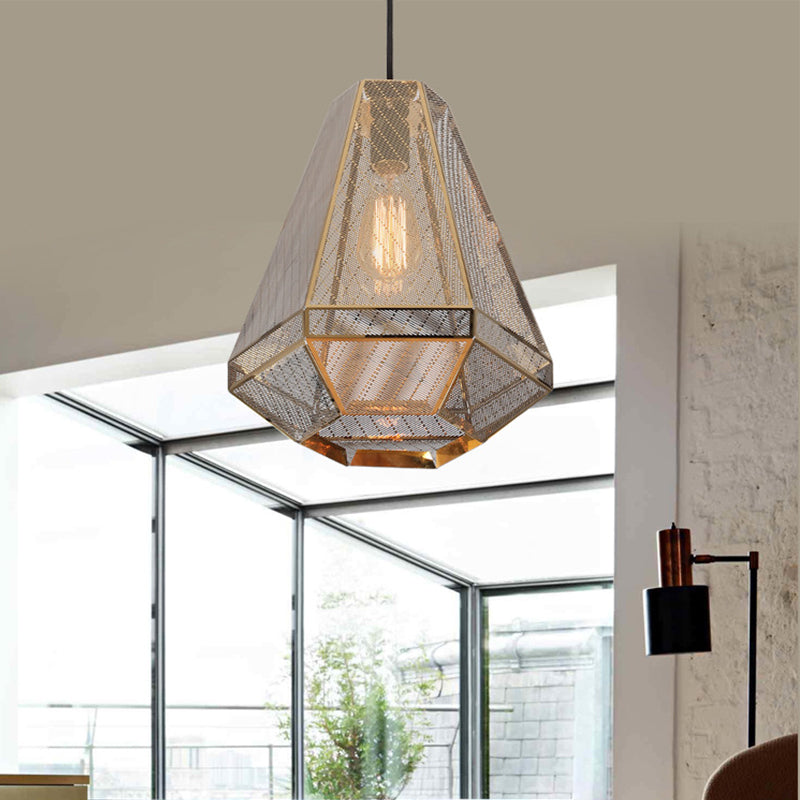 Countryside Diamond Hanging Lighting 9"/10"/12" W 1 Head Metal Pendant Ceiling Lamp in Gold for Living Room