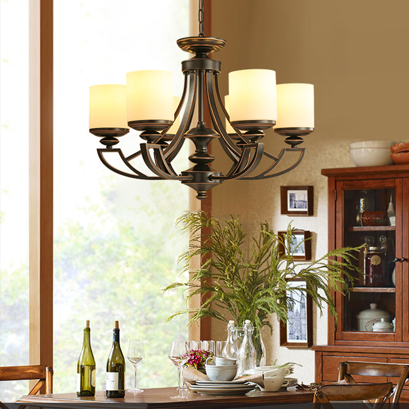 Traditional Starburst Pendant Chandelier 3/6 Lights Metal Ceiling Lamp Fixture in Black for Living Room with Cylinder Frosted Glass Shade