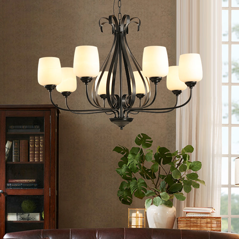 Lustre noir en métal radial 3/6/8 têtes traditionalisme suspension suspension légère avec tasse de forme blanche