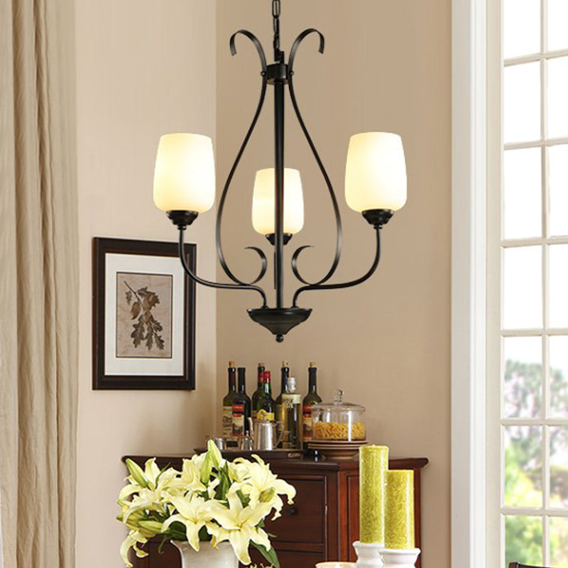 Lustre noir en métal radial 3/6/8 têtes traditionalisme suspension suspension légère avec tasse de forme blanche