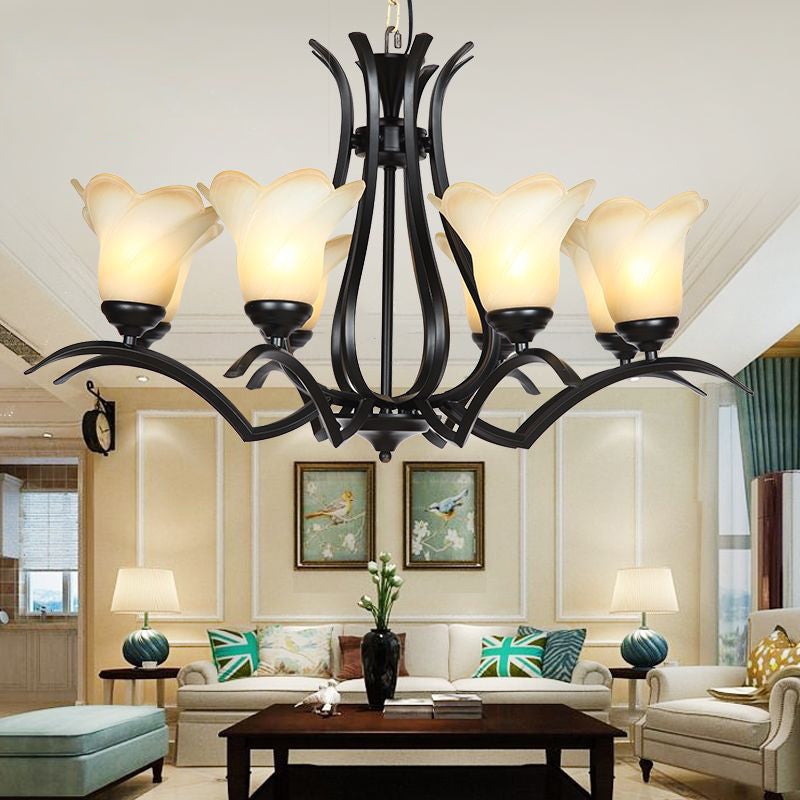 1/2-Tier Flower White Glass Chandelier Lighting Traditional 3/6/8 Lights Black Living Room Hanging Ceiling Lamp