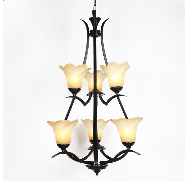 1/2-Tier Flower White Glass Chandelier Lighting Traditional 3/6/8 Lights Black Living Room Hanging Ceiling Lamp