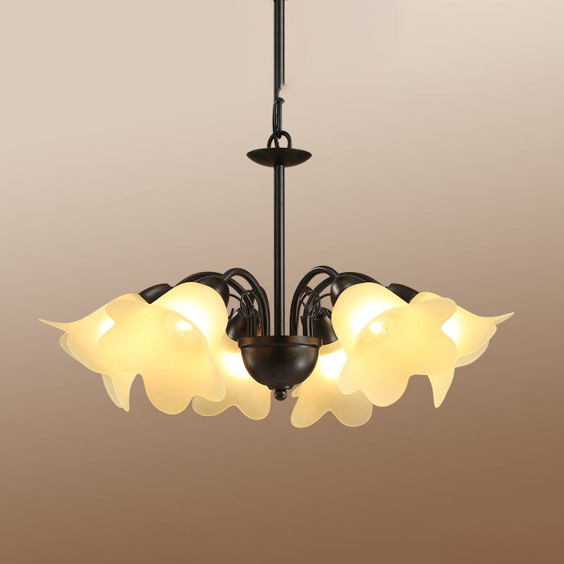 3/5/6 Bulbes Room Dining Chandelier Retro Retro Black Finis Plafond Éclairage Pendant de forme florale Milky Glass Shade