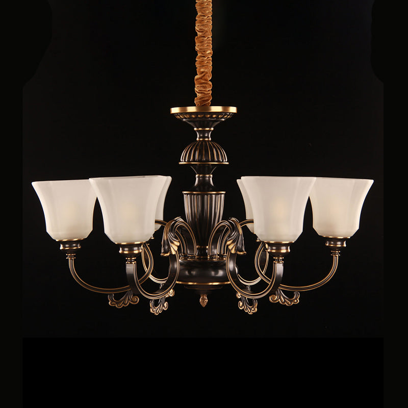6 lumières Bell Sanging Chandelier traditionnel noir et or blanc givré en verre givré