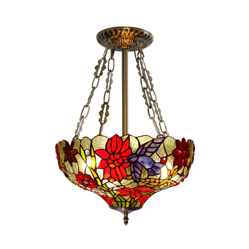 Stained Glass Flower Semi Flush Light Tiffany 3 Heads Red Close to Ceiling Light