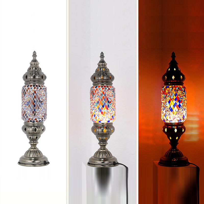 Moroccan Cylindrical Table Light 1-Bulb Handcrafted Mosaic Glass Night Stand Lamp