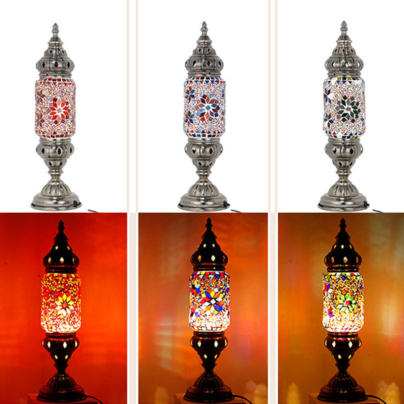 Moroccan Cylindrical Table Light 1-Bulb Handcrafted Mosaic Glass Night Stand Lamp