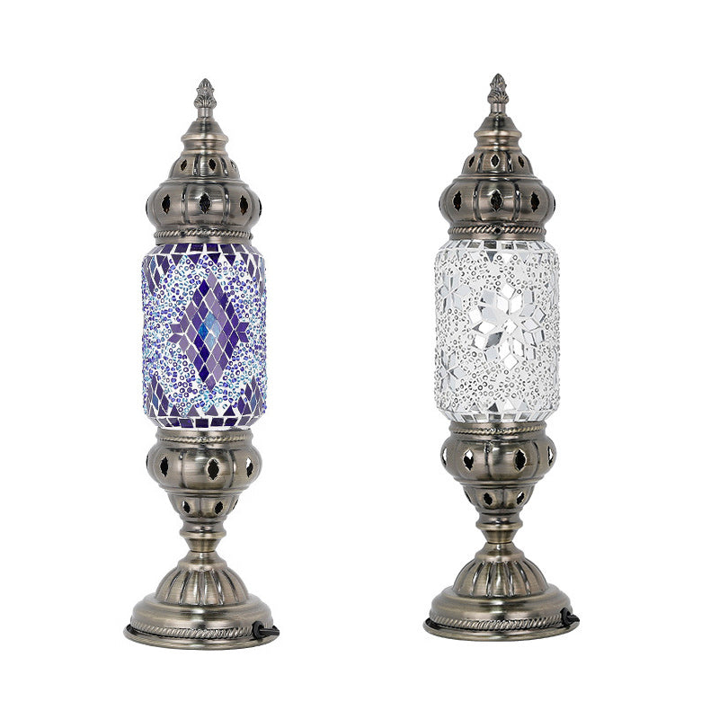 Moroccan Cylindrical Table Light 1-Bulb Handcrafted Mosaic Glass Night Stand Lamp