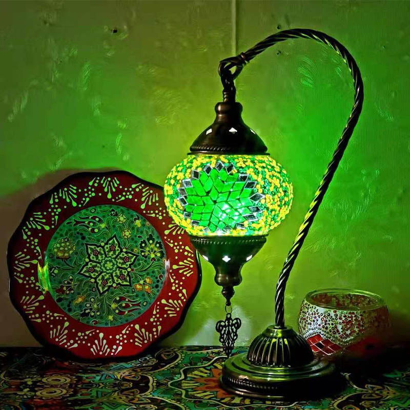 1 Bulb Gooseneck Table Light Moroccan Mosaic Stained Glass Night Light with Globe Shade