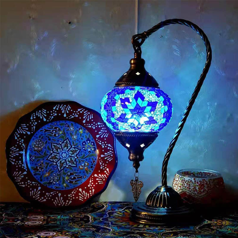 1 Bulb Gooseneck Table Light Moroccan Mosaic Stained Glass Night Light with Globe Shade