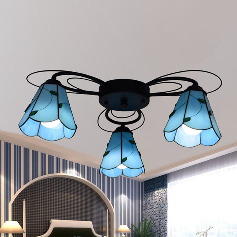 Cono Glass Semi Flush Mount Mediterráneo 3/7/9 Cabezas amarillo/azul Luz de techo