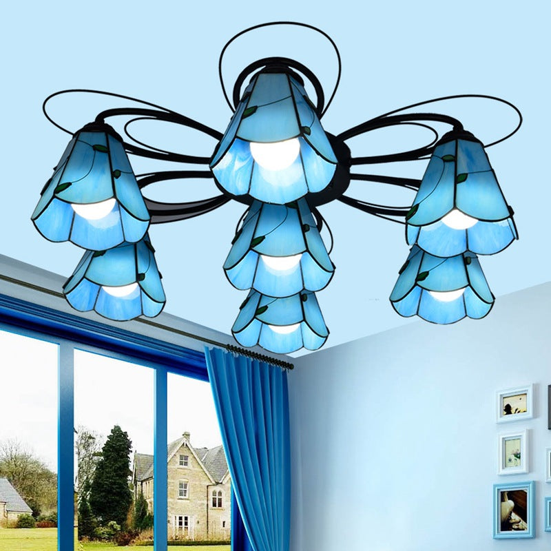 Cono Glass Semi Flush Mount Mediterráneo 3/7/9 Cabezas amarillo/azul Luz de techo
