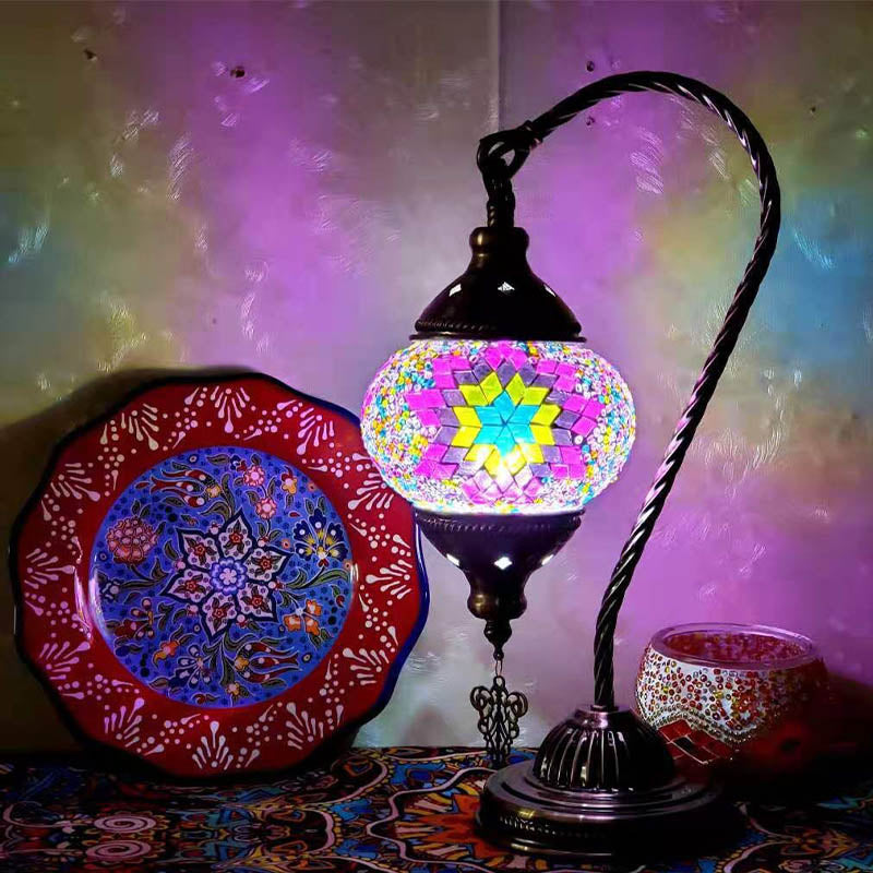 1 Bulb Gooseneck Table Light Moroccan Mosaic Stained Glass Night Light with Globe Shade