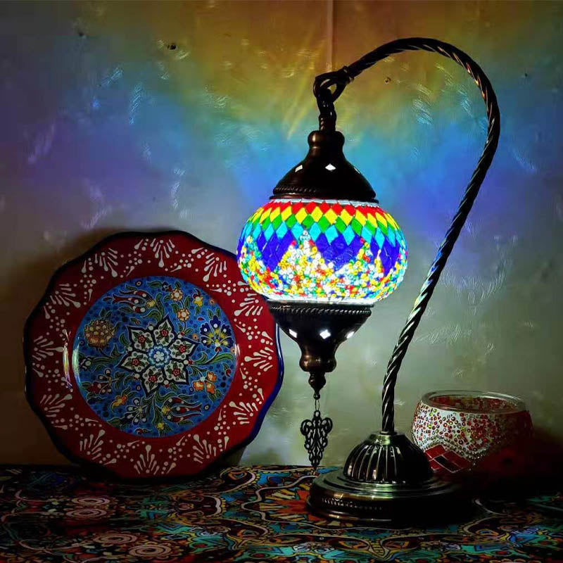 1 Bulb Gooseneck Table Light Moroccan Mosaic Stained Glass Night Light with Globe Shade