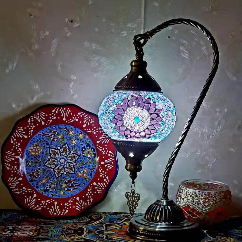 1 Bulb Gooseneck Table Light Moroccan Mosaic Stained Glass Night Light with Globe Shade