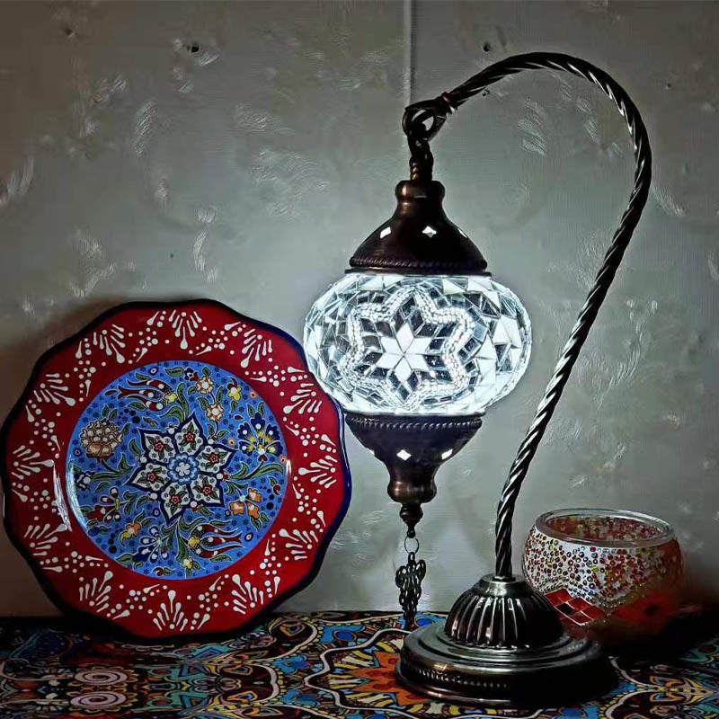 1 Bulb Gooseneck Table Light Moroccan Mosaic Stained Glass Night Light with Globe Shade