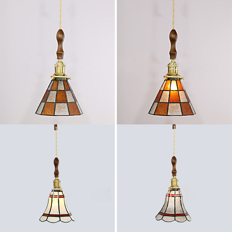 Conical Hanging Light Fixtures 1 Light Stained Glass Tiffany-Style Pendant Lighting Fixtures