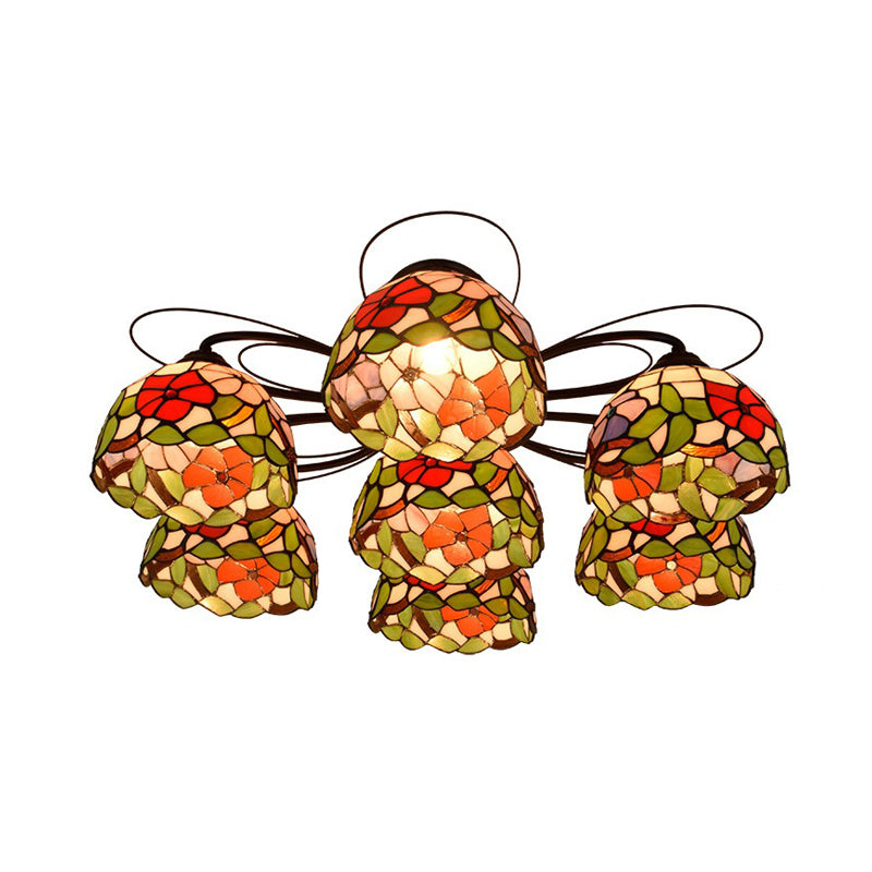 Orange Peony Ceiling Light Tiffany 3/7/9 Heads Multicolored Stained Glass Semi Flush Mount Lighting