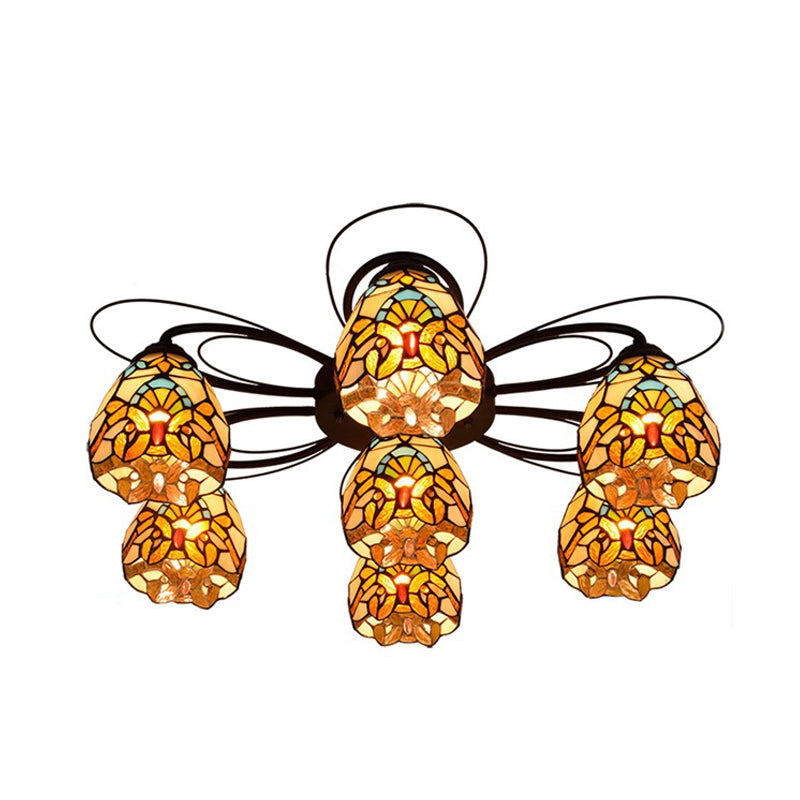 Plafonnier en verre teinté Tiffany, 3/7/9 têtes, éclairage Semi-encastré jaune/vert