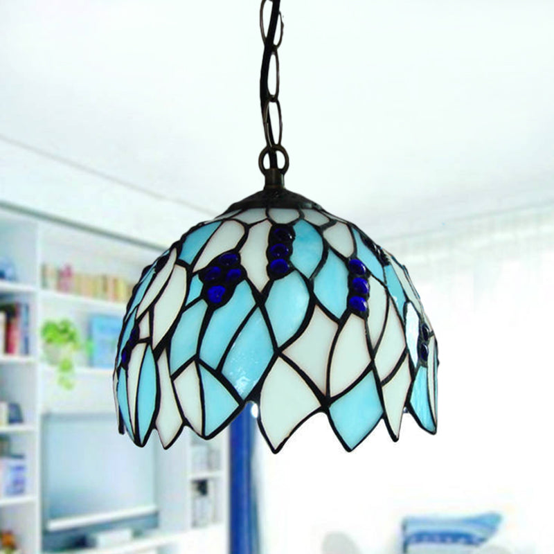 Blue 1 Light Suspension Lamp Baroque Stained Glass Domed Shaped Hanging Ceiling Light