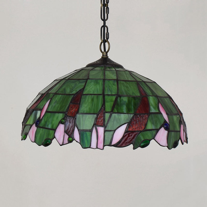 Stained Glass Domed Suspension Lamp Tiffany Stylish Green Ceiling Pendant Light for Bedroom