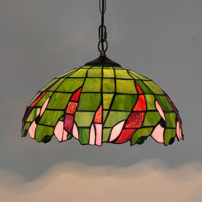 Stained Glass Domed Suspension Lamp Tiffany Stylish Green Ceiling Pendant Light for Bedroom