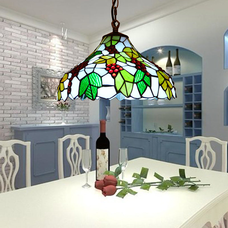Grapes Drop Lamp 1 Light Stained Glass Tiffany Style Suspension Lighting Fixture in Green