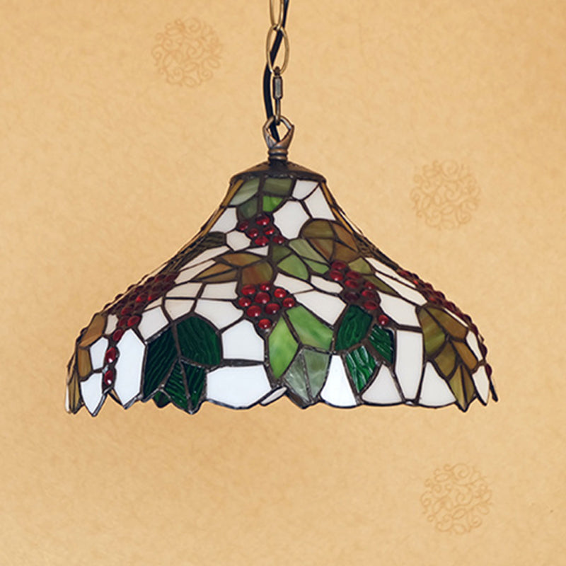Grapes Drop Lamp 1 Light Stained Glass Tiffany Style Suspension Lighting Fixture in Green
