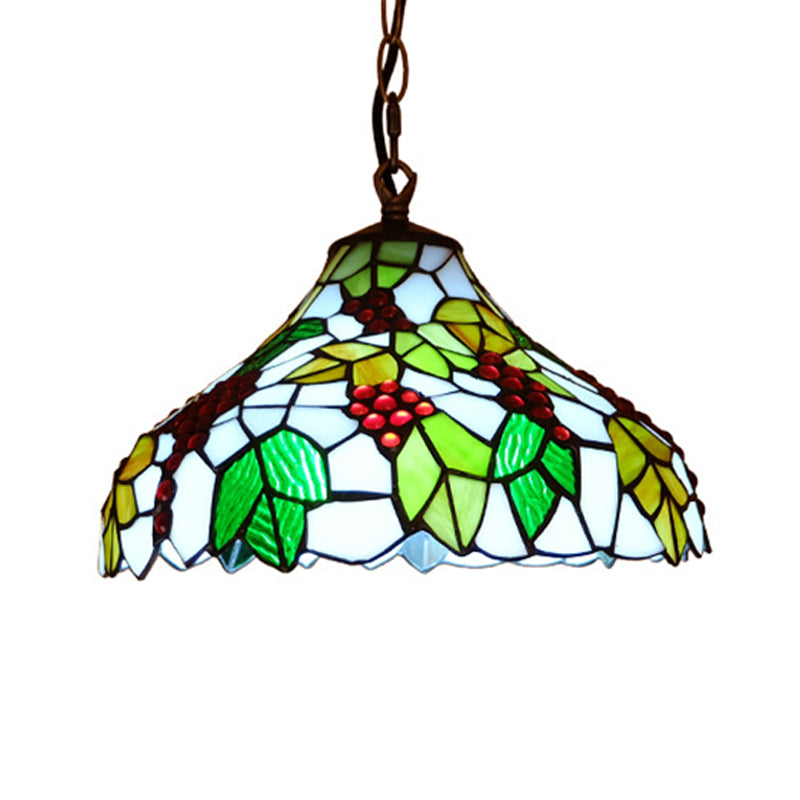 Grapes Drop Lamp 1 Light Stained Glass Tiffany Style Suspension Lighting Fixture in Green