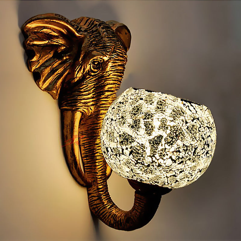 Globe Wall Mounted Light 1 Light Hand Cut Glass Baroque Sconce in Red/Yellow/Blue with Elephant Deco for Outdoor